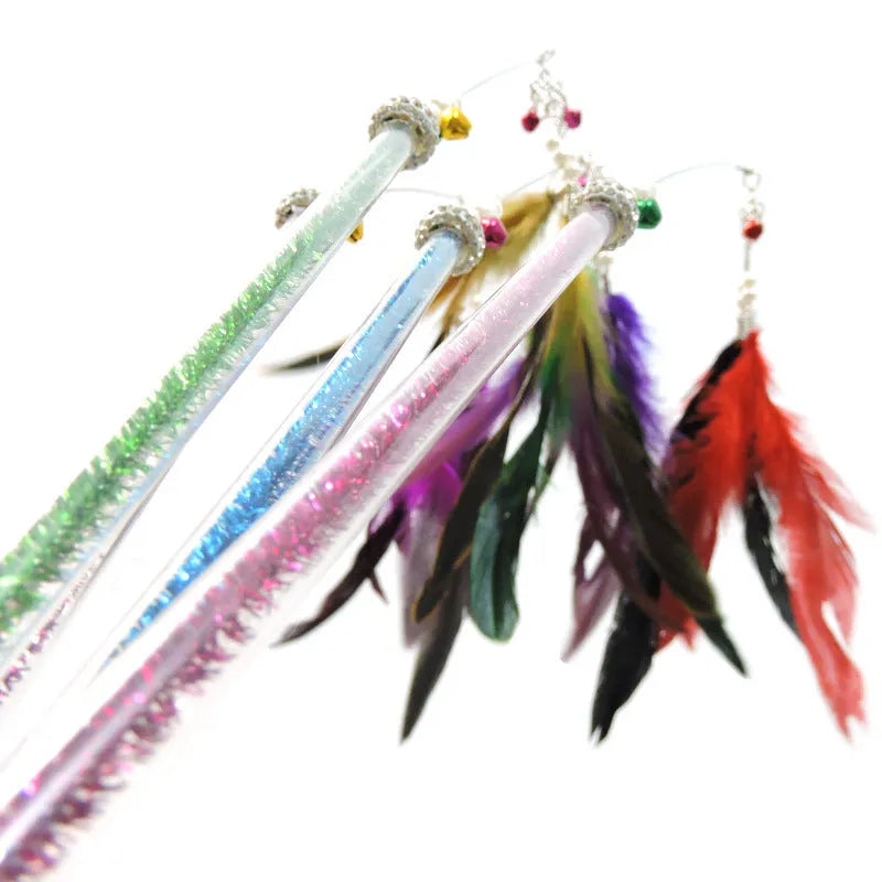 Cat feather wand toy with bells, 70cm full length, plastic and metal rods, random colour