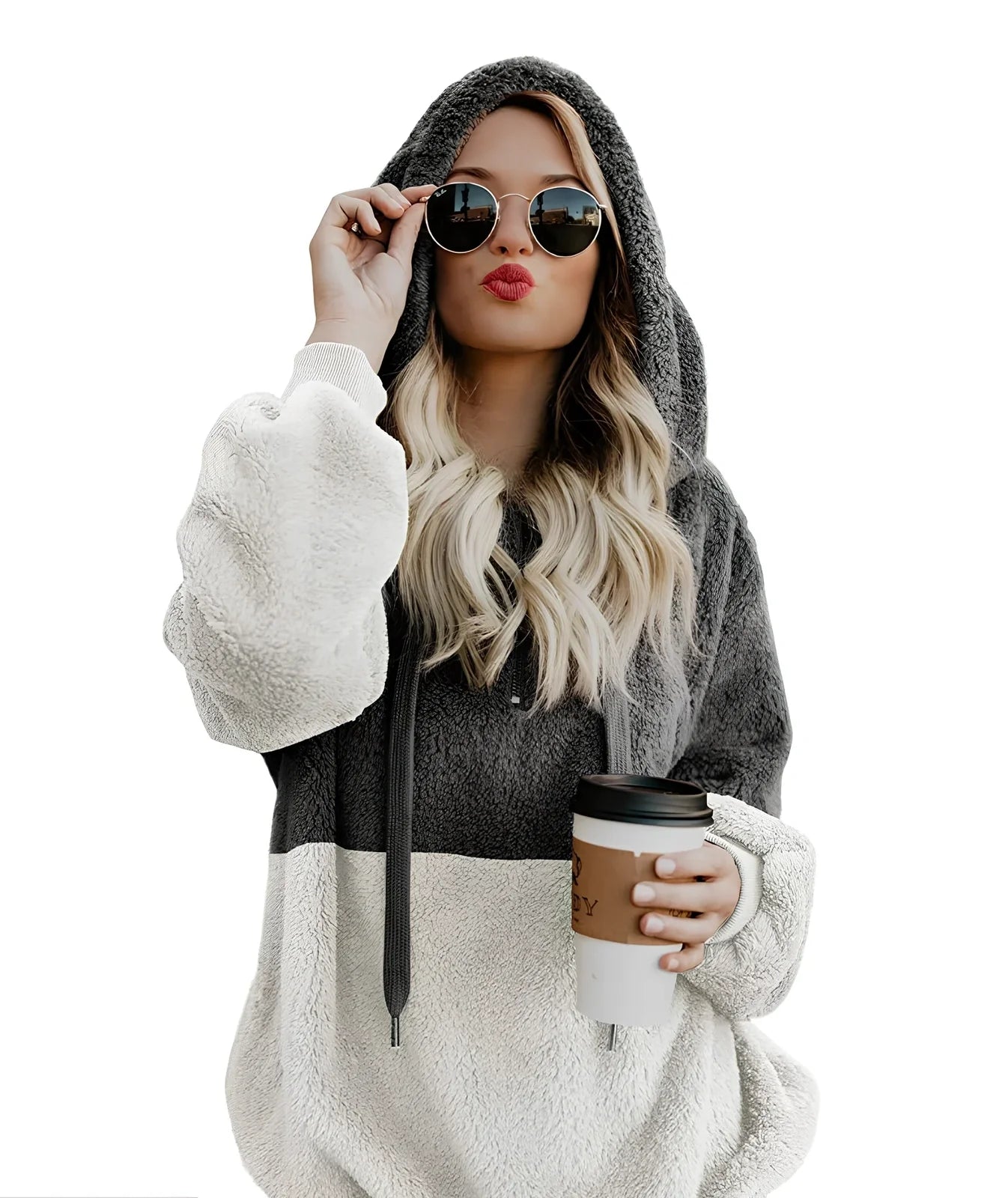 Women's casual plush hooded sweatshirt in dark grey with zipper, drawstring hood, and patchwork stitching, loose fit for autumn winter