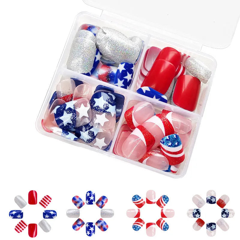 Independence Day themed nail art set with American five-pointed star design and XINGX pattern