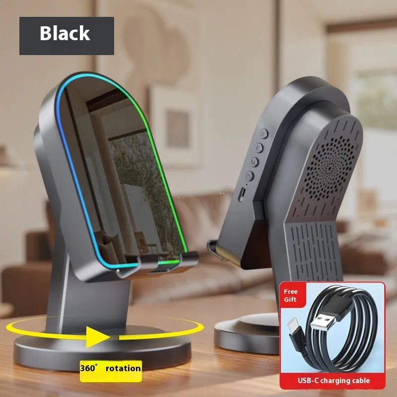 Three-in-one wireless induction speaker Bluetooth speaker bracket in black mirror style with phone holder and built-in battery