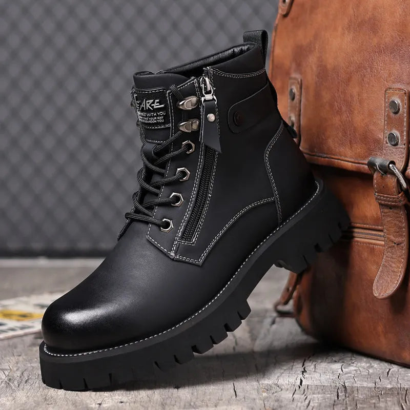 Men's brown leather high-top Martin boots with side zipper and round toe on a rubber sole.