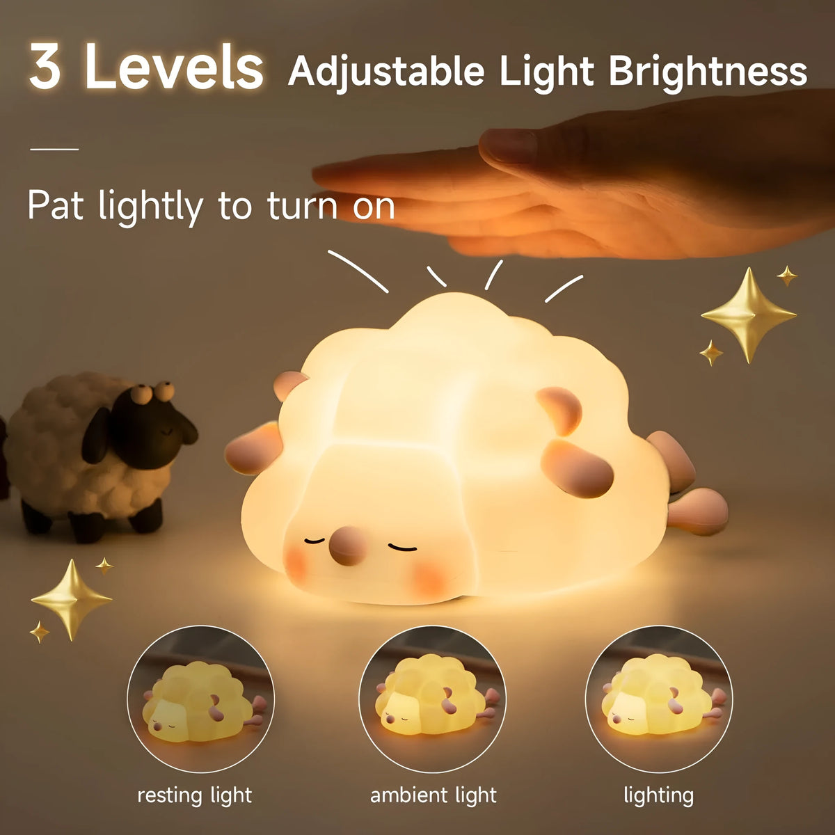 Cute silicone night light sheep cartoon bedroom lamp with warm light, rechargeable, on a bedside table