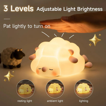 Cozy silicone sheep night light with adjustable brightness, auto-off timer, and USB charging for children's bedroom decor