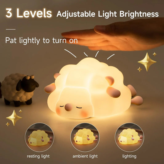 Cozy silicone sheep night light with adjustable brightness, auto-off timer, and USB charging for children's bedroom decor
