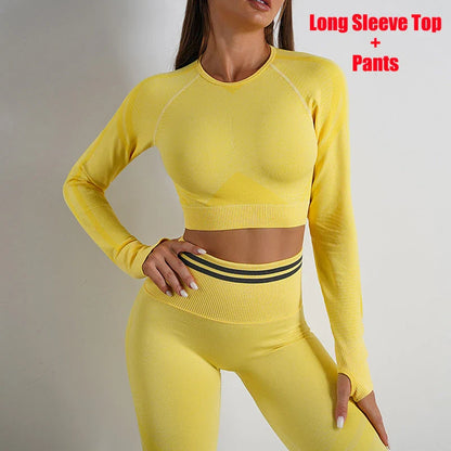 Comfortable and stylish workout wear including seamless leggings and long sleeve tops in a variety of colors