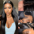 Black straight human hair lace front wig on a mannequin head, showing a natural 13x6 hairline.