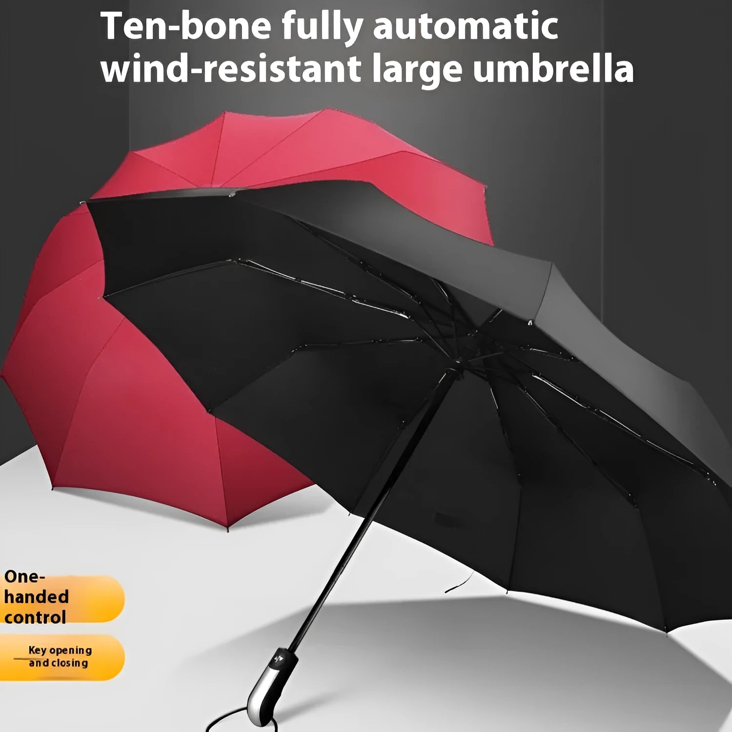 Black triple-folding automatic business umbrella with 10 ribs, shown open.