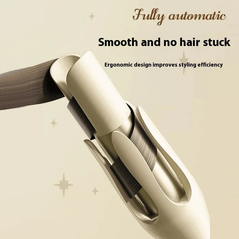 Automatic hair curler with white ceramic barrel on a stand, showing colour options.