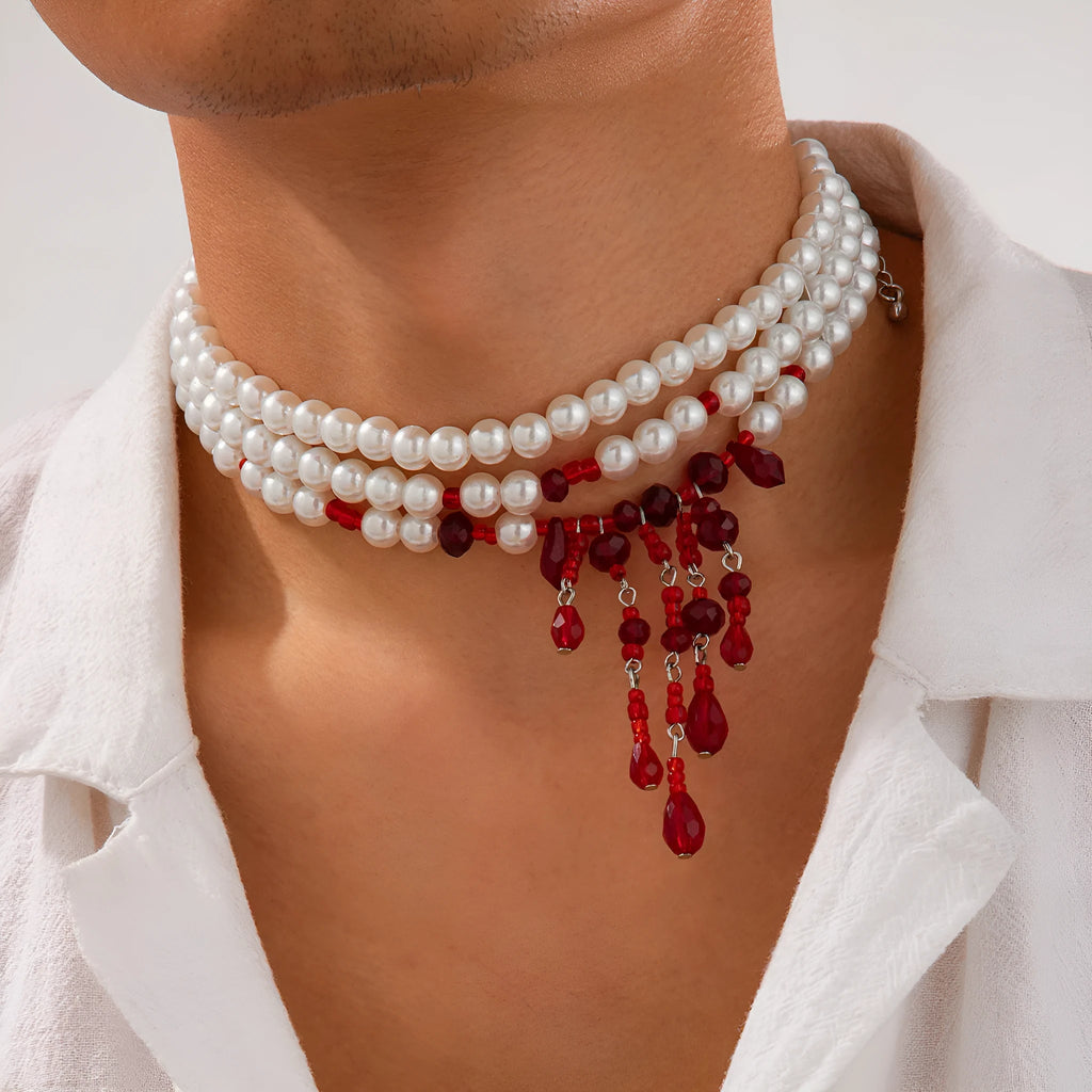 Halloween blood drop tassel crystal necklace for men with adjustable chain and geometric beads