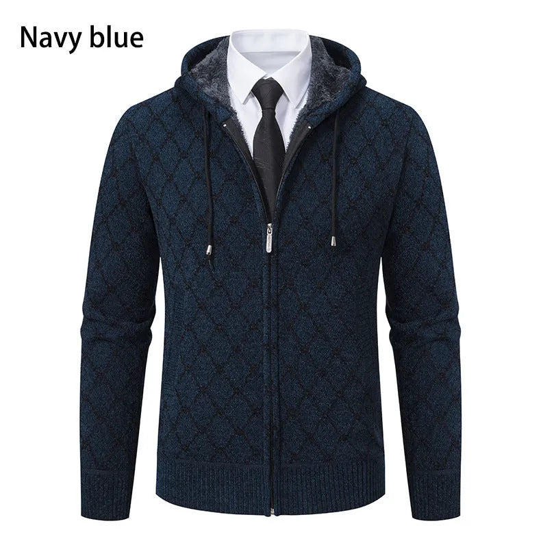 Men's hooded cardigan in black, polyester fibre casual sweater for daily wear