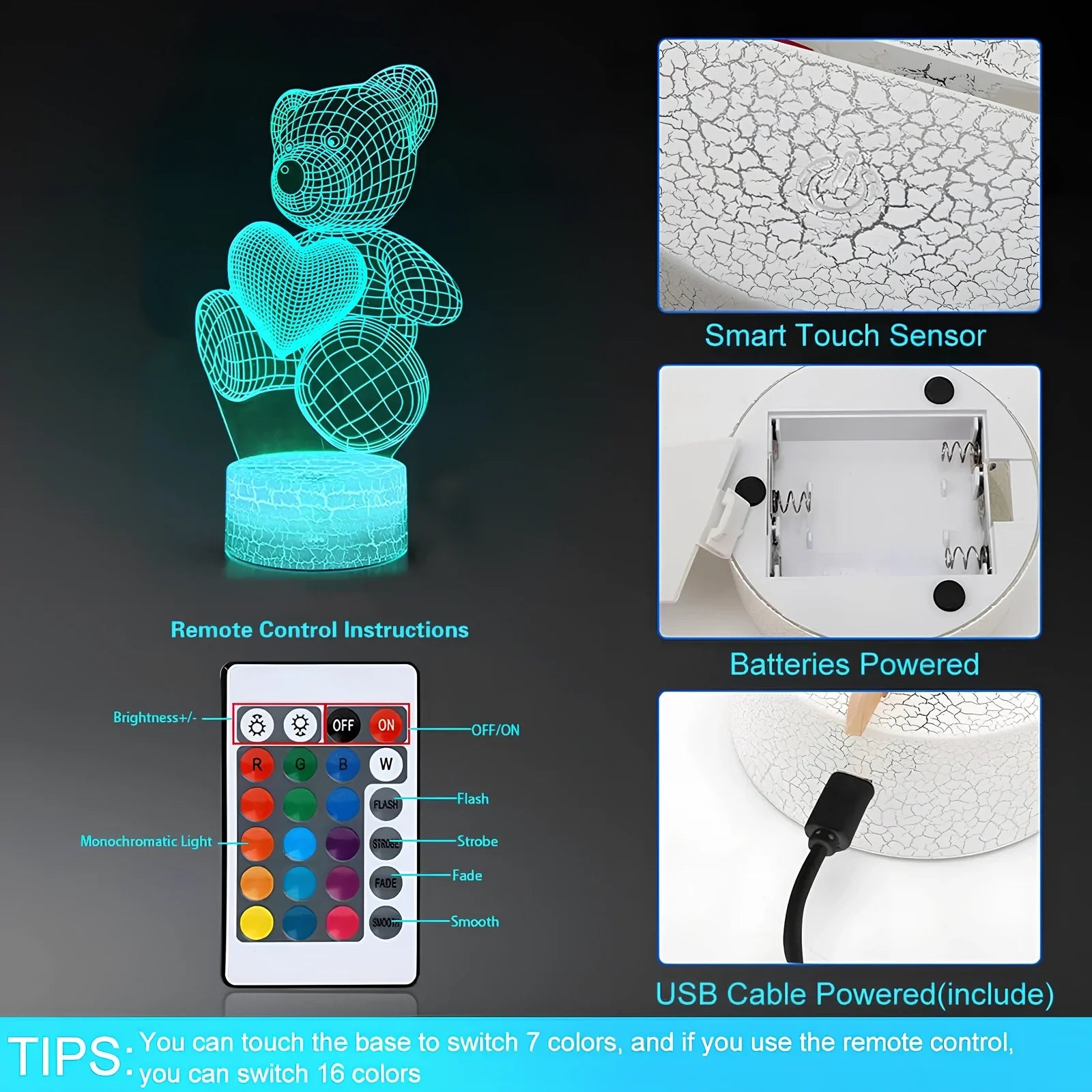 3D acrylic teddy bear LED night light with remote control and USB power cable