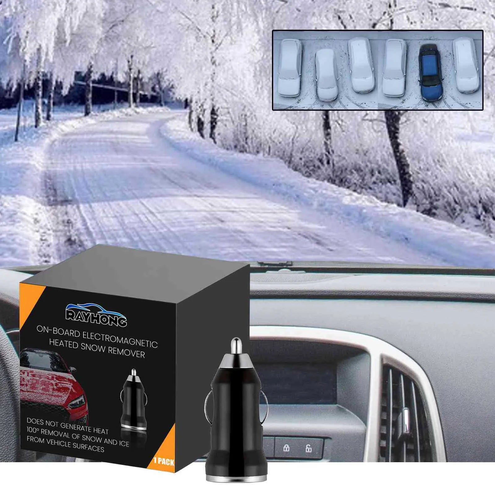 Black portable car snow melting tool and deicer charger showing compact size.