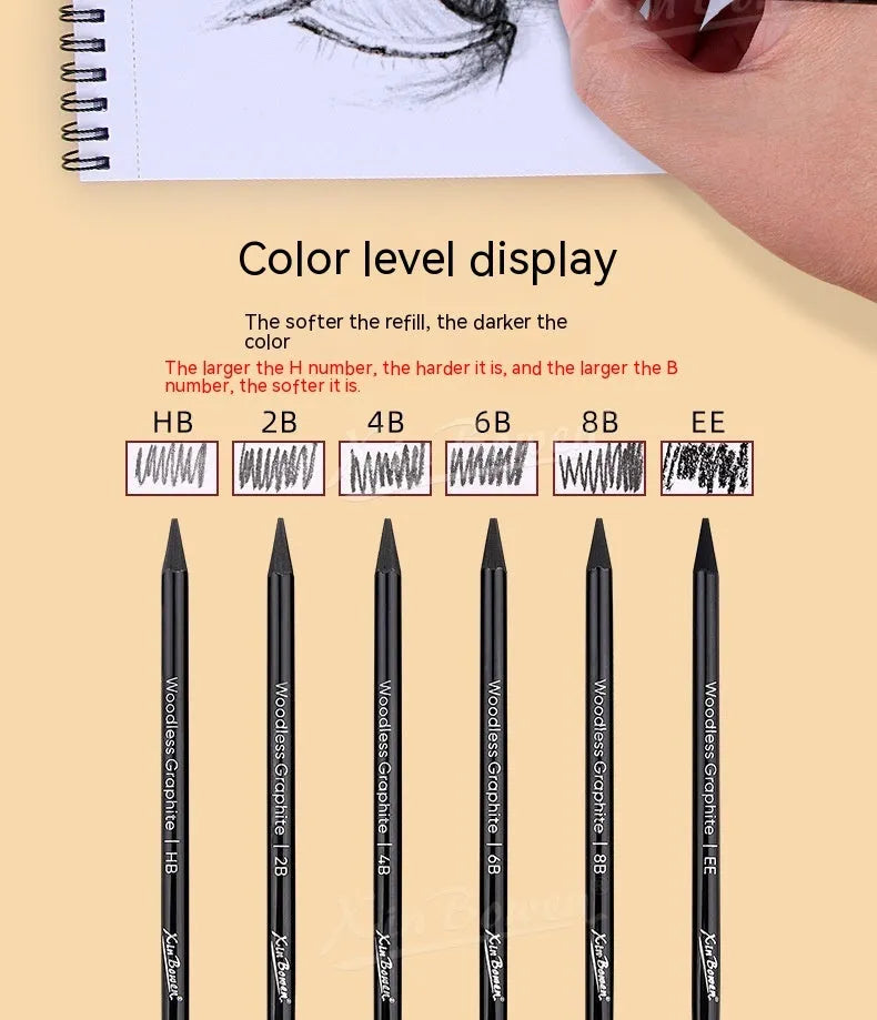 Set of six wood-free graphite art pencils with different grade markings: HB, 2B, 4B, 6B, 8B, and EE.