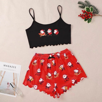 Women's Christmas-themed milk silk pajamas set with sleeveless top and shorts