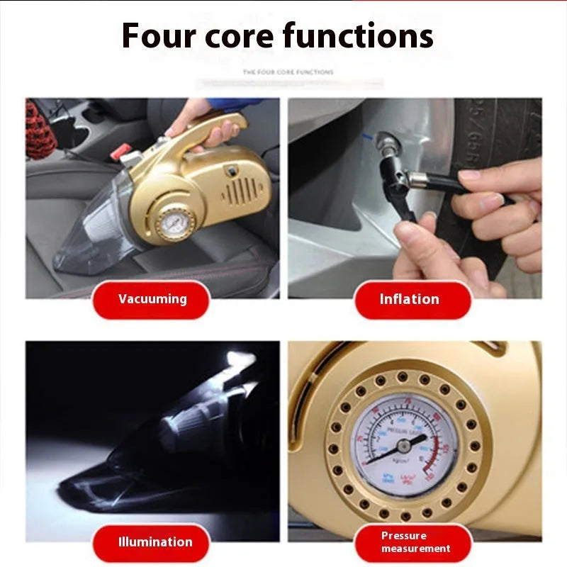 12V wet and dry four-in-one car cleaner with gold ABS body, 35cm length, handheld design