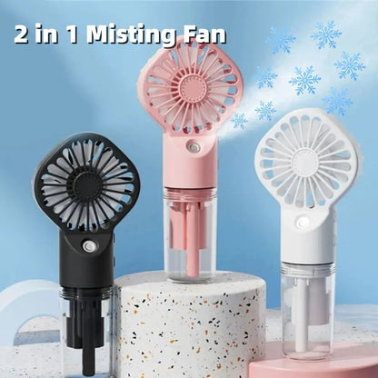 Powerful mini fan with mist humidification feature, delivering icy-cool, hydrating airflow for refreshing comfort