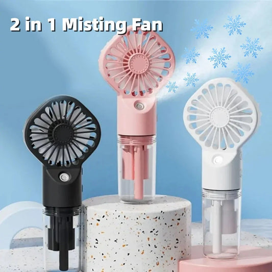 Powerful mini fan with mist humidification feature, delivering icy-cool, hydrating airflow for refreshing comfort