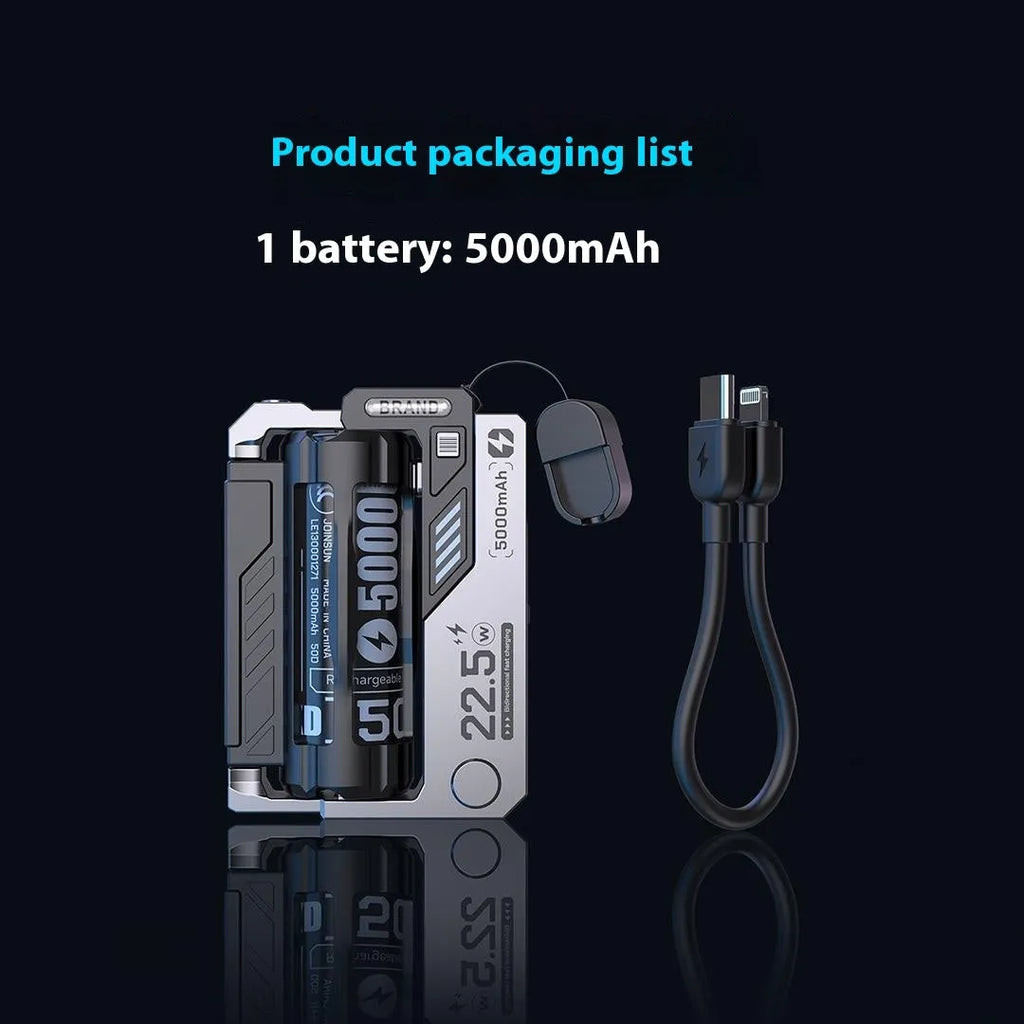 Tactical Mech USB-C power bank in Mecha Gray with cartridge replacement batteries showing front and side view