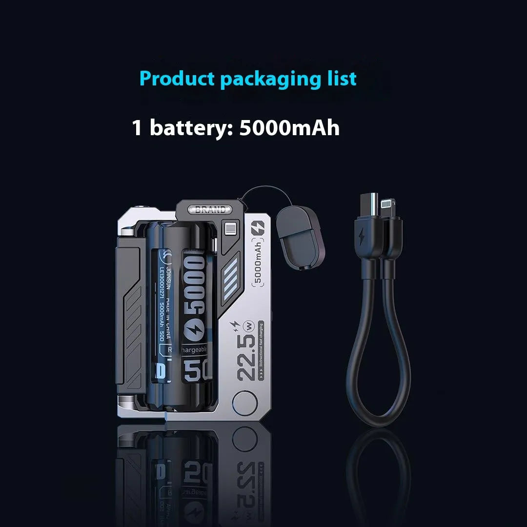 Tactical Mech USB-C power bank in Mecha Gray with cartridge replacement batteries showing front and side view