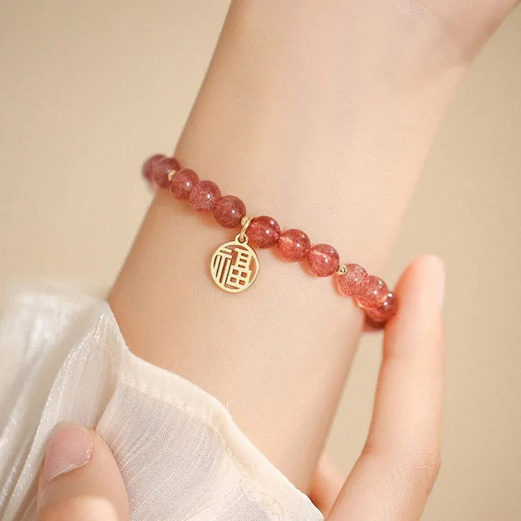 Glass bracelet with strawberry quartz detailing in New Chinese style with manual processing