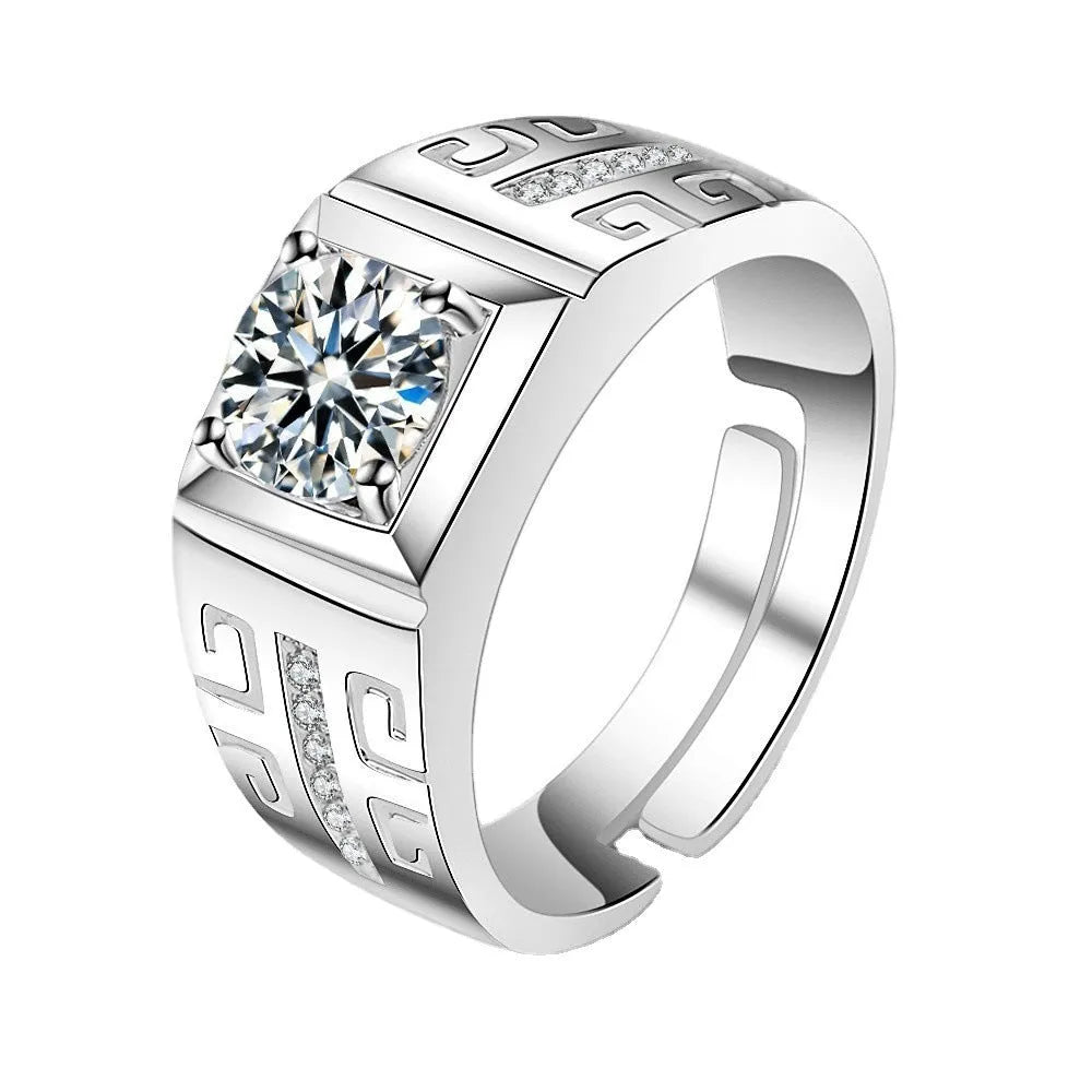 Men's large square diamond copper ring with adjustable opening in gold or platinum finish