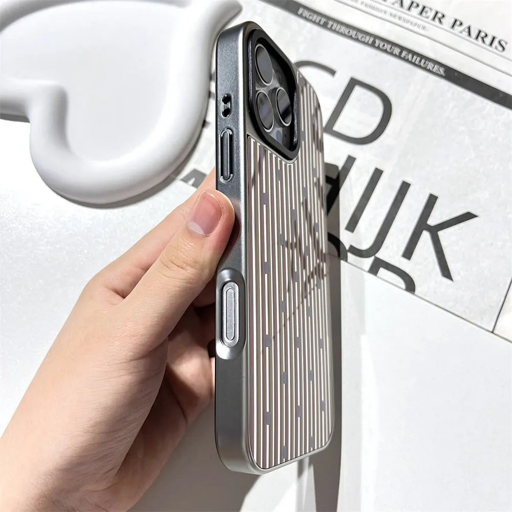 Contrast colour stripe silver edge phone case on iPhone 15 Pro Max with all-inclusive sprayed finish
