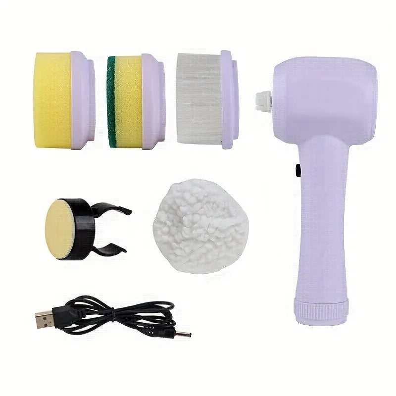 5 In 1 Multifunctional Electric Brush Cleaner in purple with five interchangeble heads for bathroom sink kitchen window cleaning