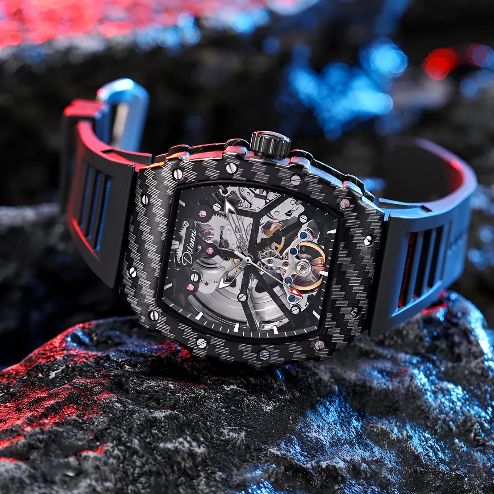 Mechanical waterproof watch with luminous hands showing black dial and rubber strap