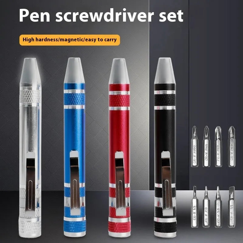 Aluminium alloy pen-style 8-in-1 screwdriver set with multiple bits and 107mm shaft.