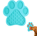 Blue silicone dog licking mat with bone texture and suction cups on the back for sticking to smooth surfaces.