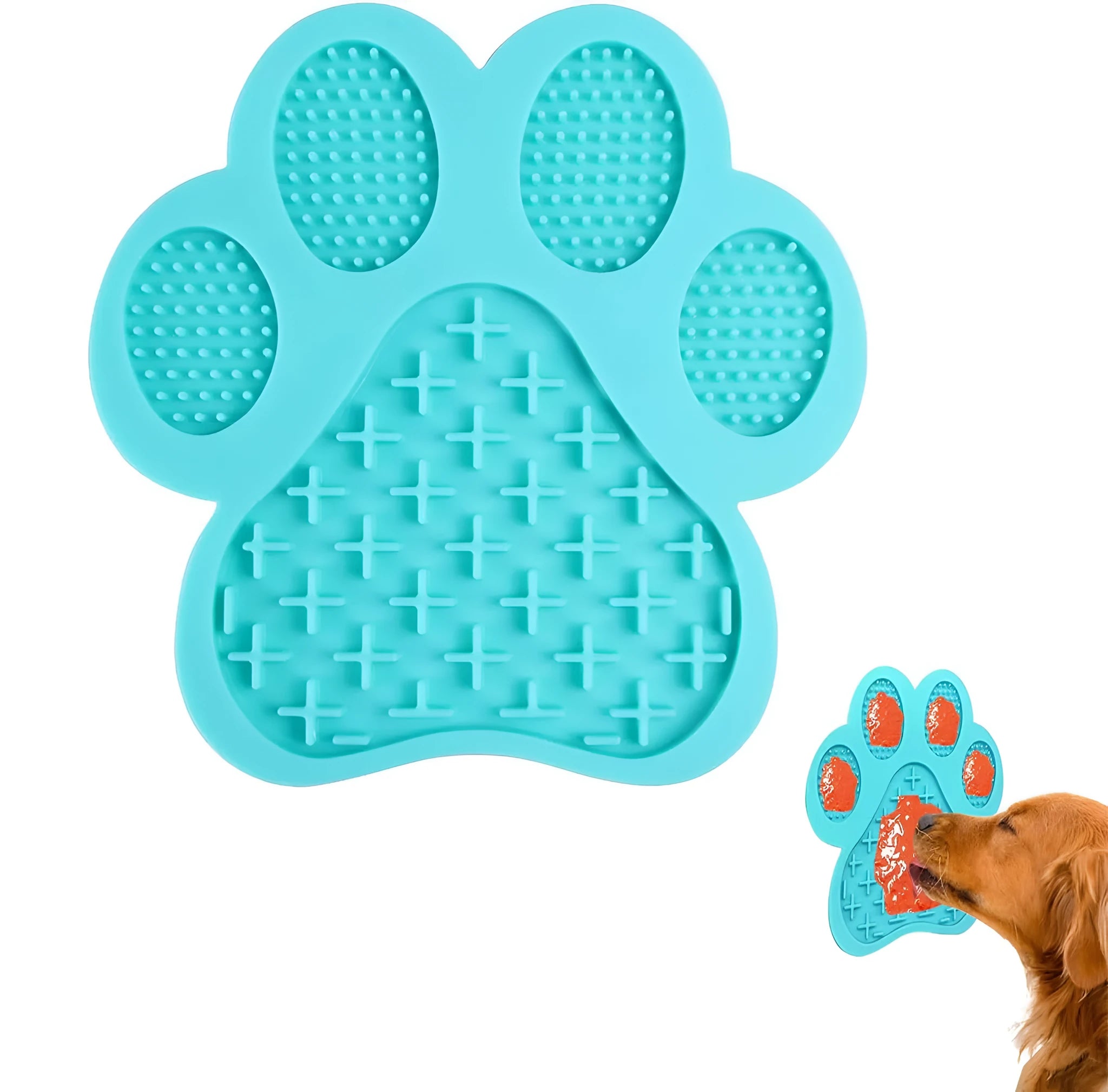 Blue silicone dog licking mat with bone texture and suction cups on the back for sticking to smooth surfaces.