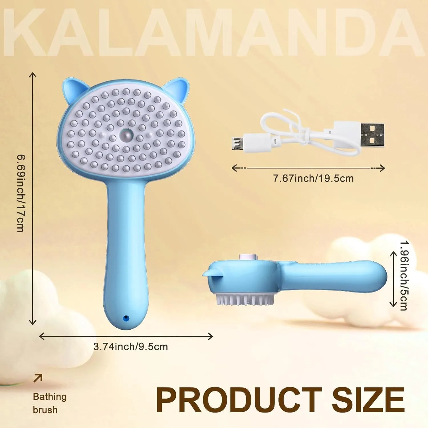 Blue pink yellow 4-in-1 pet steam brush with cat ear-shaped handle and release button