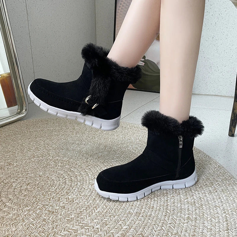 Plush snow boots with suede upper, rubber sole, and artificial fur lining for women's winter wear