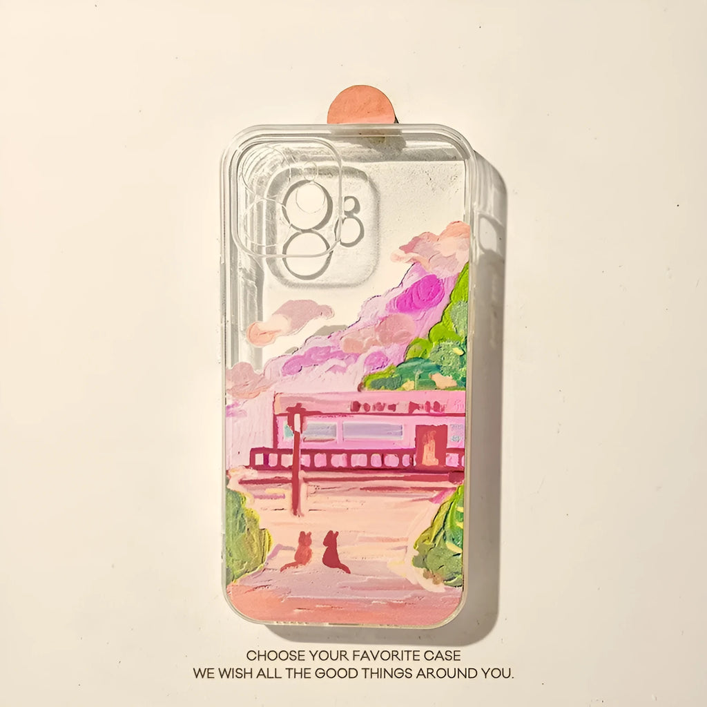 Colourful soft silicone iPhone case with a printed cartoon design of two cats.
