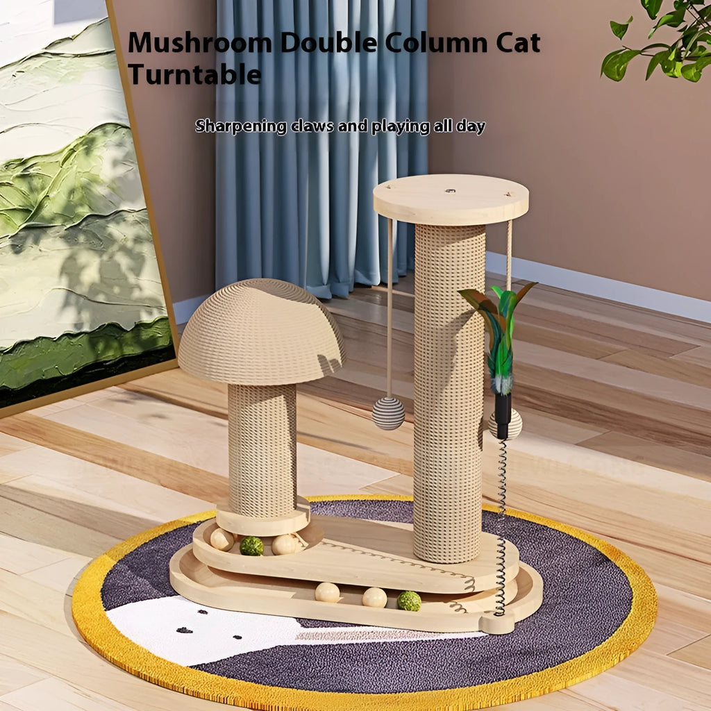 Solid wood cat scratching post with a central oval-shaped turntable platform for cats to play on.
