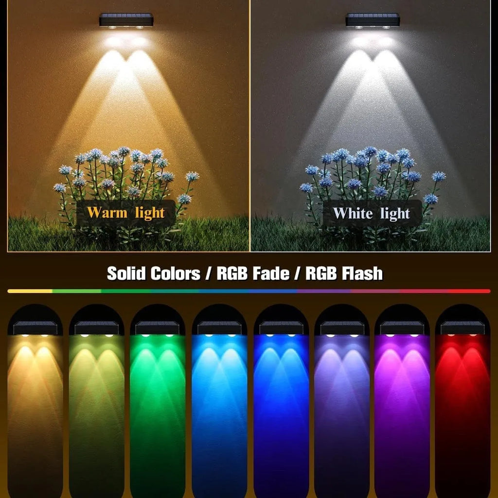 Black solar LED fence light with colourful fixed lens, IP55 rated, 105mm, mounted on a wooden fence