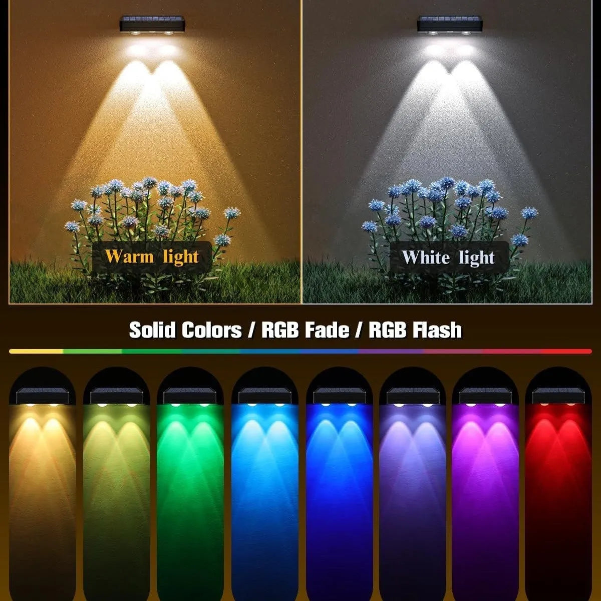 Black solar LED fence light with colourful fixed lens, IP55 rated, 105mm, mounted on a wooden fence