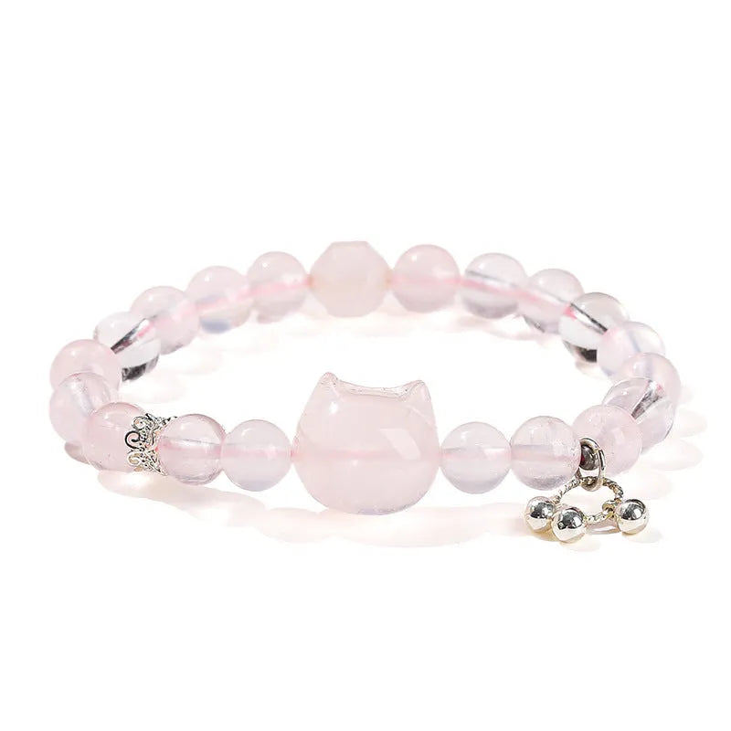 Women's crystal cat head bracelet with natural gemstones and copper charm