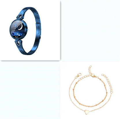 Women's waterproof smartwatch with heart rate monitor and stainless steel strap