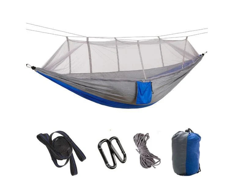 Parachute hammock with mosquito net in various colors and sizes, ideal for outdoor adventures and relaxation