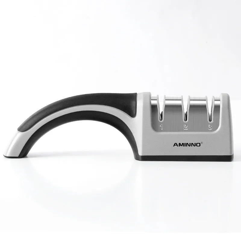 4-in-1 multi-functional knife sharpener in black with multiple sharpening rods