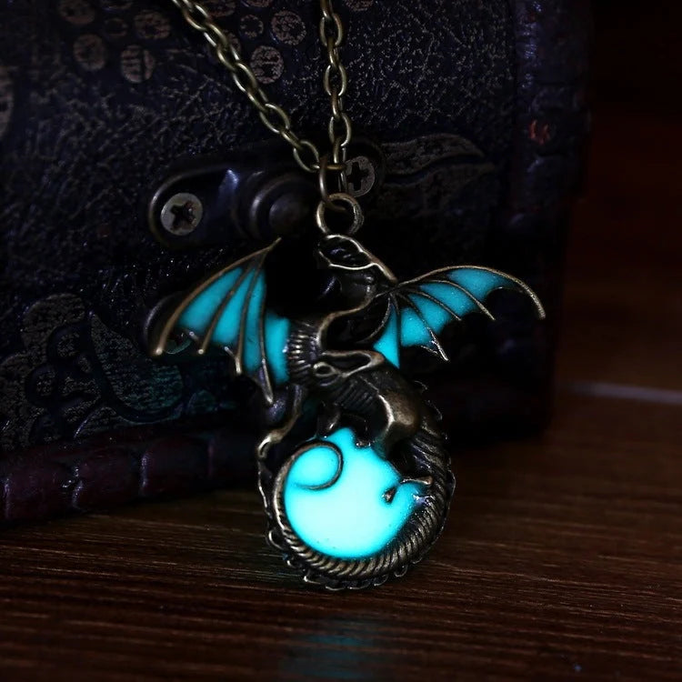 Glowing Vintage Flying Dragon Necklace with luminous pendant in ancient bronze and silver plating options