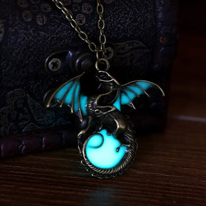 Glowing Vintage Flying Dragon Necklace with luminous pendant in ancient bronze and silver plating options