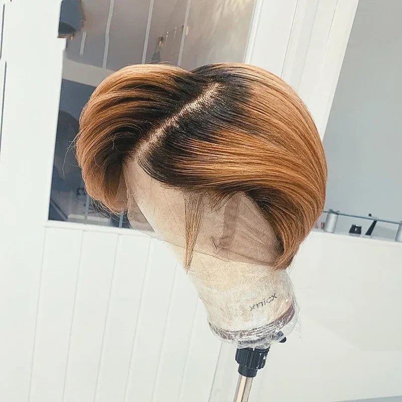 High temperature silk short straight wig side-mixed blonde colour 35cm front view