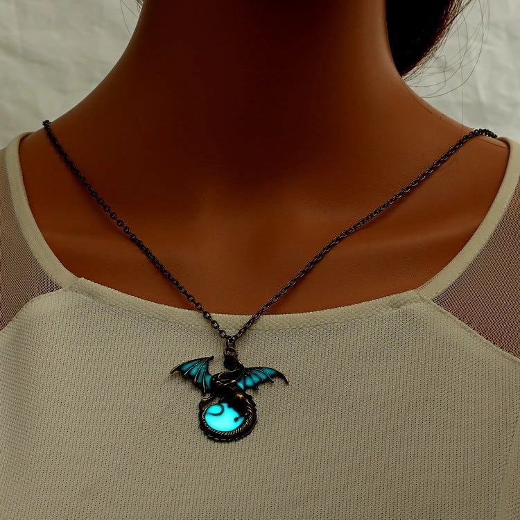 Glowing Vintage Flying Dragon Necklace with luminous pendant in ancient bronze and silver plating options