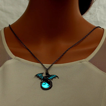 Glowing Vintage Flying Dragon Necklace with luminous pendant in ancient bronze and silver plating options
