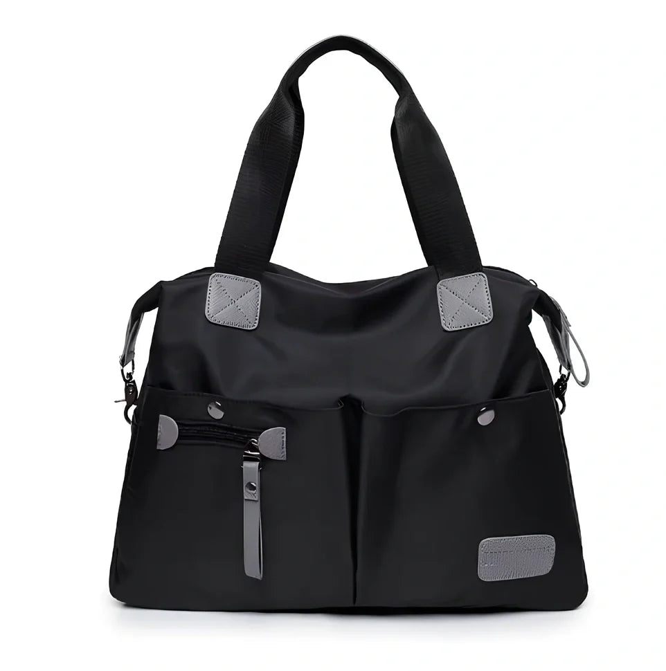 Ladies shoulder bag in black Oxford fabric, size M with multiple pockets and adjustable straps for handbag or crossbody carry, 340 mm width