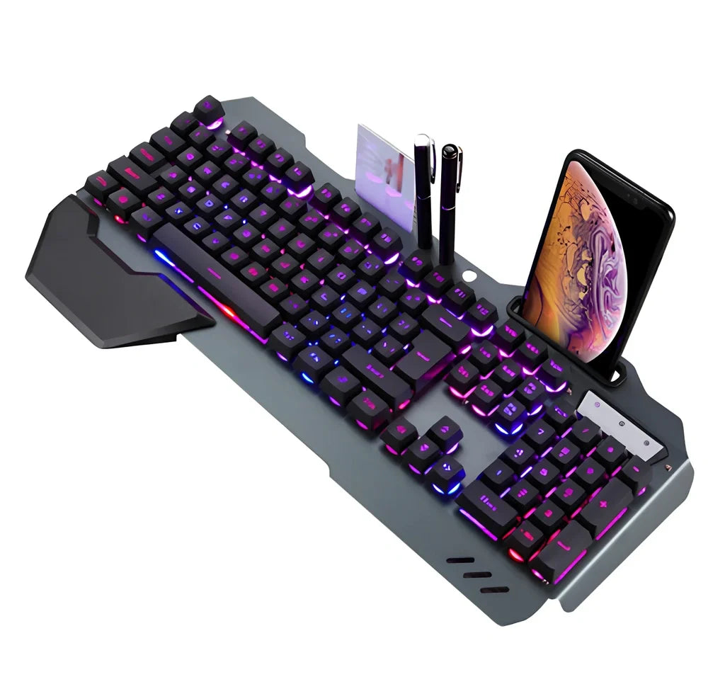 Black wired gaming keyboard with RGB backlight, 45.5 cm size, phone slot, and USB cable on desk