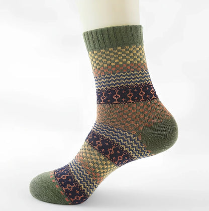 Pack of 5 thick stripe wool blend socks in various colours, featuring 15% rabbit hair for winter warmth, fitting sizes 39-42