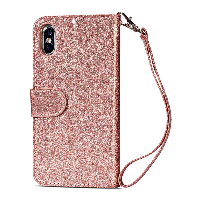 Black PU leather zipper wallet case for iPhone with card slots visible and zip open.